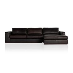 a black leather sectional sofa with ottoman and chaise lounger in front of a white background