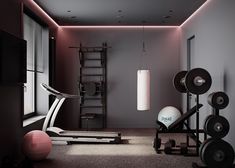 there is a gym with exercise equipment in the room and some lights on above it