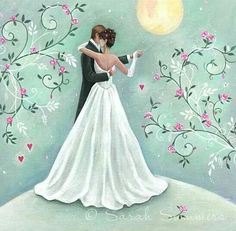 a painting of a bride and groom kissing