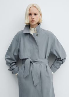 Cotton trench coat with belt - Women | Mango USA Spring Outerwear With Belt Detail For Work, Spring Workwear Outerwear With Belt Detail, Chic Spring Outerwear With Belt Detail, Belted Outerwear With Stand Collar For Work, Cotton Trench Coat, Coat With Belt, Belt Women, Coats Women, Trench Coats Women