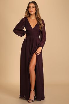 Live out your most romantic dreams in the Lulus Enchant My Love Dark Purple V-Neck Long Sleeve Maxi Dress! Gauzy woven chiffon shapes a flattering V-neckline (and back), long sheer sleeves with elastic cuffs, and a gathered empire waist. A-line maxi skirt boasts a sultry side slit. Hidden back zipper/clasp. Dark Brown Wedding Guest Dress, Dark Purple Wedding Guest Dress, Dark Brown Bridesmaid Dresses, Dark Purple Bridesmaid Dresses, Dark Purple Dresses, Love Dark, Fall Bridesmaid Dresses, Bridesmaid Ideas, Grad Ideas