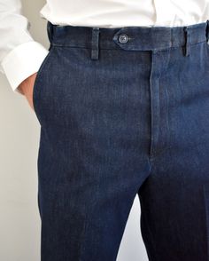 The same quality 100% Cotton Dress Denim pant, but with the ultra-comfortable self-sizer waistband. WHAT IS BERLE'S SELF SIZER WAISTBAND?Outside: 2" of visually undetectable stretch for extra comfort.Inside: Bilateral elastic strips are added for more comfortable movement. Denim is only for jeans, right? Not necessarily. When you take a look at the Men’s Denim Trousers collection at Berle, you’ll see that denim can be used in an entirely different manner. Sure, these pants aren’t going to be con Denim Flats, Mens Clothing Store, Denim Pants Mens, Dress Denim, Performance Dresses, Khaki Dress, Denim Trousers, Classic Dress, Denim Pant