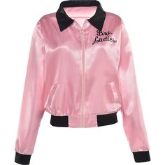 a pink jacket with black trims and the words pink ladies on it, in front of a white background