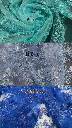 three different types of laces and fabrics with names in english, french, and spanish