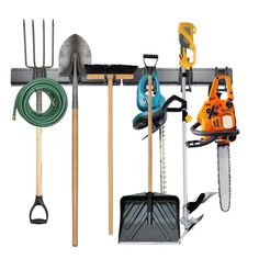 there are two racks with tools hanging on it and one rack holding gardening implements,