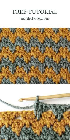 the crochet stitch is being worked on with two knitting needles, and another photo shows