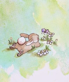 a drawing of a dog laying on its back in the grass with flowers around it