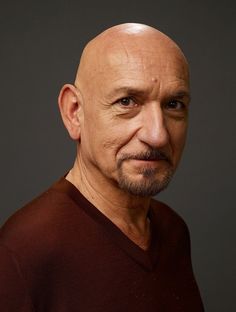 a bald man in a brown shirt looking at the camera