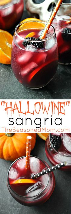 halloween sangria with blackberry and oranges in glasses