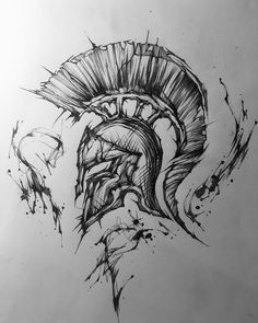 a drawing of a spartan helmet with paint splatters on it