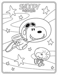 snoopy in space coloring page for kids to color and learn with the peanuts characters