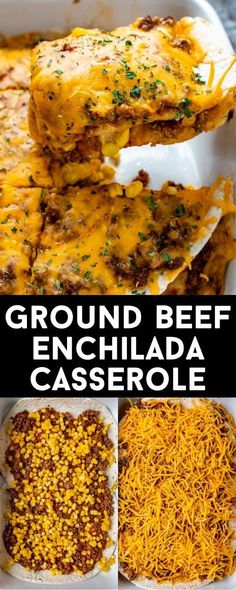 ground beef enchilada casserole in a white dish with cheese on top