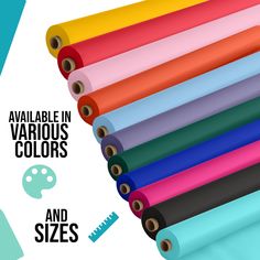 various colors and sizes of paper with the words available in various colors on each roll