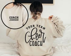 Custom Cheer Coach Shirt Personalized Cheerleader Shirt Game - Etsy Cheap Graphic Print Sweatshirt For Dance Class, End Of Season Cheer Gifts Shirts, Long Sleeve Team Spirit Cheerleading Sweatshirt, Collegiate Long Sleeve Sweatshirt For Team Events, Collegiate Long-sleeve Sweatshirt For Team Events, Long Sleeve T-shirt With Letter Print For Team Events, Long Sleeve T-shirt With Team Name For Cheerleading, Long Sleeve Tops For Cheerleading With Team Spirit, Long Sleeve Tops For Cheerleading Team Spirit