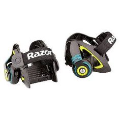 two roller skates with wheels and straps on each side, one is black and the other is yellow