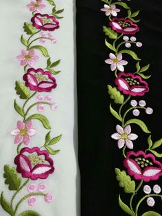 two different colored flowers on black and white fabric