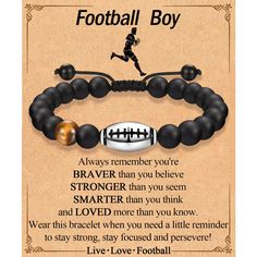 a bracelet with a football ball on it that says,'football boy always remembers you're braver than you seem smarter and love more than you think