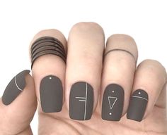 Matte Grey Nails Design, Nail Gray Design, Dark Matte Nail Designs, Black And Beige Nails Design, Dark Grey Nails With Design, Matte Gray Nails Design, Boho Nail Design, Matt Grey Nails, Dark Grey Matte Nails