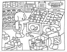 a coloring book page with an image of people shopping in the grocery store for apples and oranges