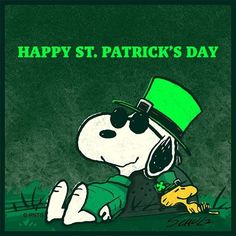 a cartoon dog wearing sunglasses and a green hat with the words happy st patrick's day