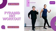 two women are standing in front of a wall with the words, pyramid hit workout