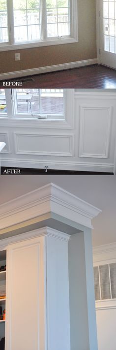 before and after shots of kitchen cabinets with white paint on the bottom, top and bottom