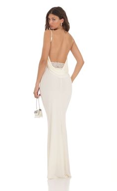 Mira Lace Open Back Maxi Dress in White | LUCY IN THE SKY Elegant Lined Dress With Strappy Back, Elegant Strappy Backless Dress For Evening, Elegant Halter Neck Maxi Dress With Straps, Evening Dresses With Built-in Bra And Strappy Design, Evening Strappy Dress With Built-in Bra, Strappy Evening Dress With Built-in Bra, Fitted Strappy Maxi Dress For Evening, Elegant Strappy Maxi Dress For Party, Elegant Fitted Strappy Maxi Dress