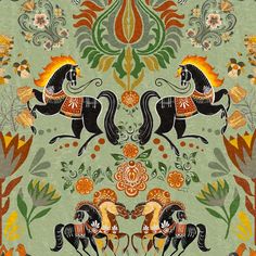 an ornately designed wallpaper with horses and flowers in the center, on a green background