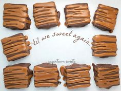 chocolate covered caramel smores are arranged on a white surface with text overlay