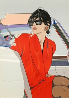 a painting of a woman in a red dress sitting at the wheel of a car