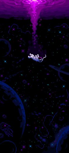 an old school computer game with space and stars in the background, as well as a man floating on his stomach