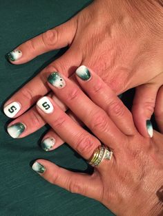 MSU Michigan State Spartan Nails 💚 Msu Nails, Michigan State Nails, Michigan State Nails Designs, Michigan Nails, Msu Spartans Aesthetic, Squoval Acrylic Nails, Msu Spartans, Michigan State Spartans, Michigan State