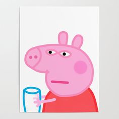 a pink peppo pig holding a glass of milk