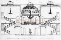 an architectural drawing shows the interior and exterior of a building, with stairs leading up to it