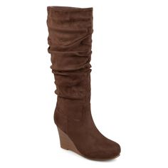 Show off stylish design in slouchy wedge boots by Journee Collection. These mid-calf boots are made with soft faux suede uppers with slouchy detail and an inside zipper. Stacked wedge heels provide attractive lift and round toes finish the style. At Journee Collection our boot styles will have your outfit looking even better than before. They will give you that finishing touch that will have your outfit looking straight out of a magazine. Womens Tall Boots, Wedges Style, Wide Calf, Boots Brown, Womens Wedges, Journee Collection, Wedge Boots, Mid Calf Boots, Dress And Heels