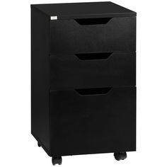 a black filing cabinet on wheels with three drawers in the front and one drawer at the bottom