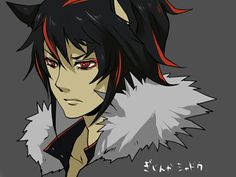 an anime character with long black hair and red eyes, wearing a fur collared coat