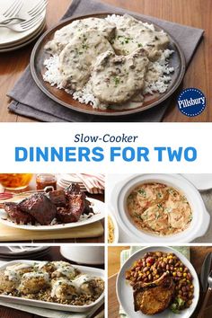 the cover of slow cooker dinners for two, with pictures of different dishes on plates