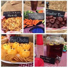 a collage of pictures showing various foods and drinks on display at an outdoor event