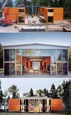 three different views of the inside and outside of a house that is being constructed with shipping containers