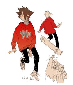 a drawing of a boy in a red hoodie and black pants with his skateboard