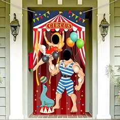 an image of a circus entrance with balloons and clowns on it's front door