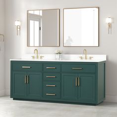 a bathroom with two sinks and mirrors on the wall above them is white tile flooring