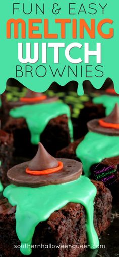 some brownies with green icing on them and the words fun and easy melting witch brownies