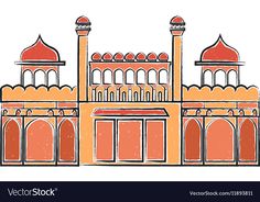 an old building with arches and domes on the roof is drawn by hand in orange tones