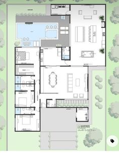 the floor plan for a modern house with two levels and three bedroom, an open living area