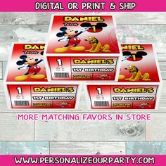 four boxes of mickey mouse birthday party favors