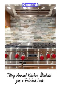 a stove top oven sitting inside of a kitchen next to a wall covered in tiles