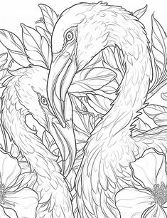 two flamingos are surrounded by flowers and leaves in this black and white coloring page