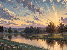 a painting of the sun setting over a river with trees and flowers in front of it